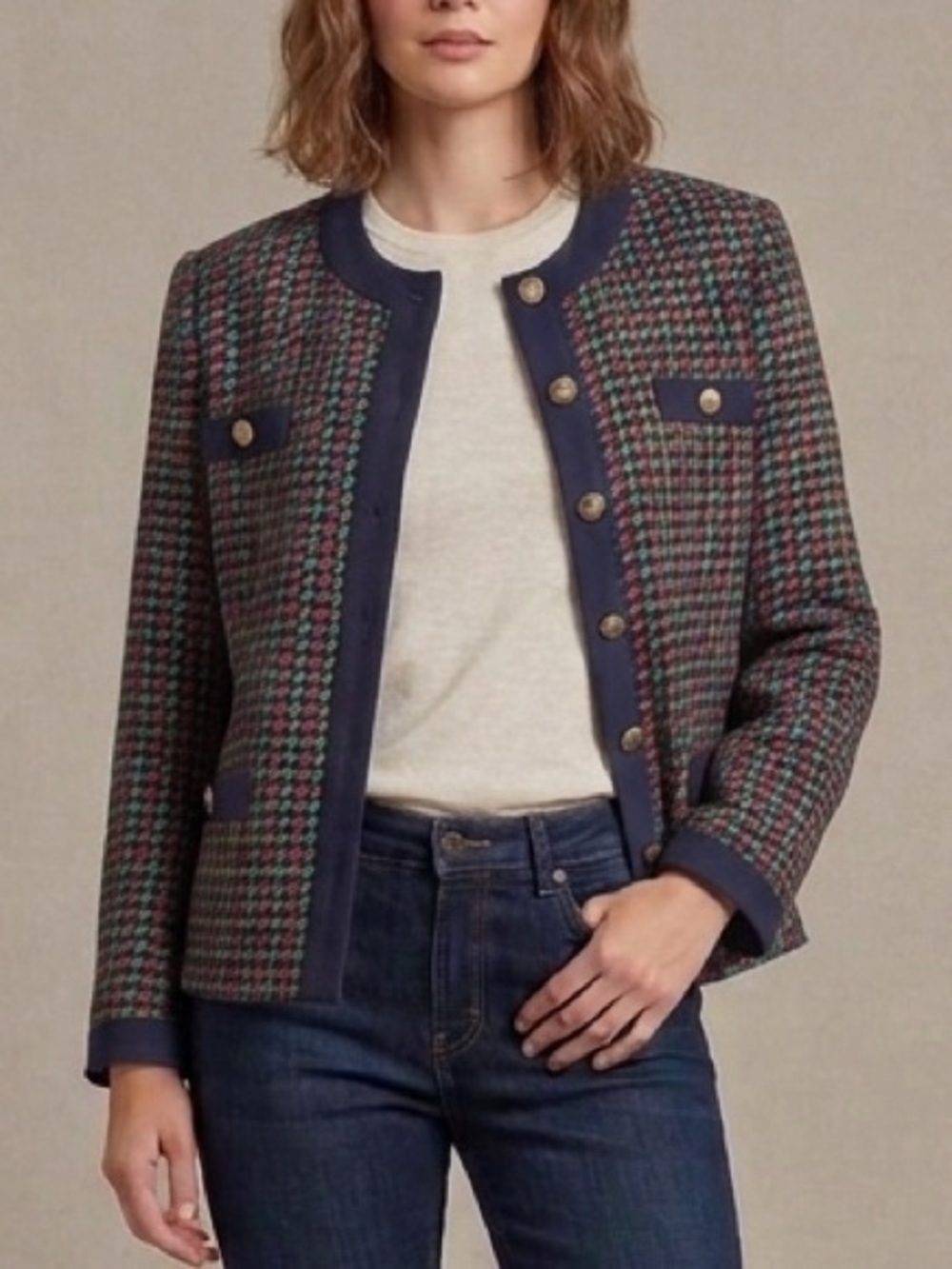 Vintage Women’s Tweed Crew Jacket 20 Large Blue Check Pattern Gold Buttons USA